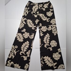 Etcetera 70% Silk/30% Linen Black and Cream Floral Wide-Leg Pants Size 6